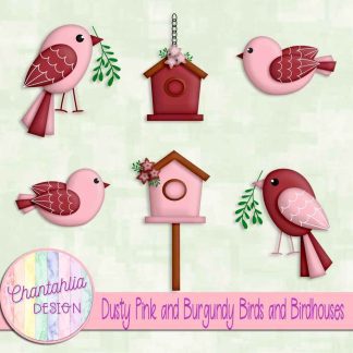 Free dusty pink and burgundy birds and birdhouses