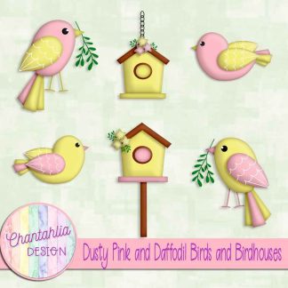 Free dusty pink and daffodil birds and birdhouses