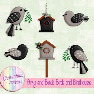 Free grey and black birds and birdhouses