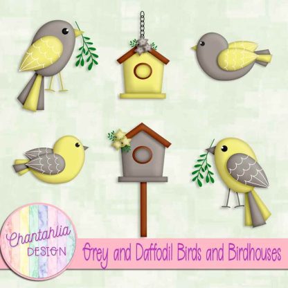 Free grey and daffodil birds and birdhouses