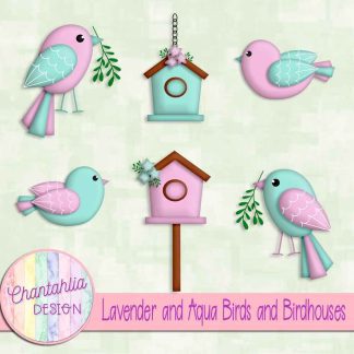 Free lavender and aqua birds and birdhouses