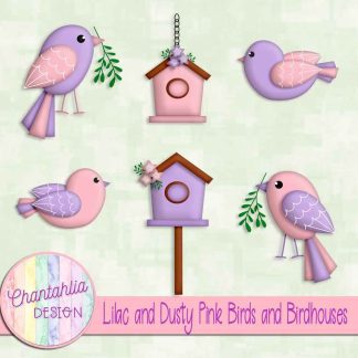 Free lilac and dusty pink birds and birdhouses