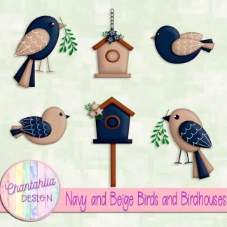 Free navy and beige birds and birdhouses