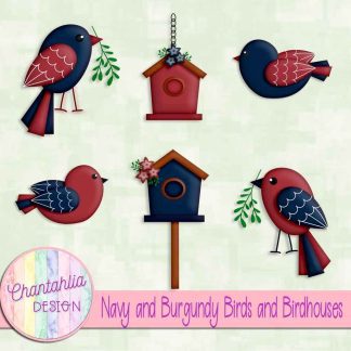 Free navy and burgundy birds and birdhouses