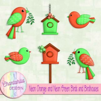 Free neon orange and neon green birds and birdhouses