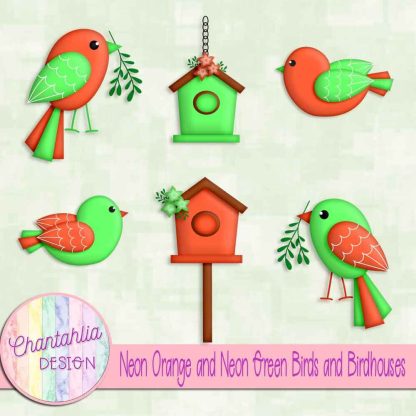 Free neon orange and neon green birds and birdhouses
