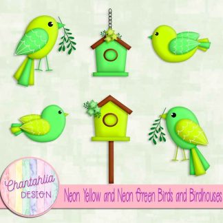 Free neon yellow and neon green birds and birdhouses