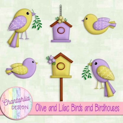 Free olive and lilac birds and birdhouses