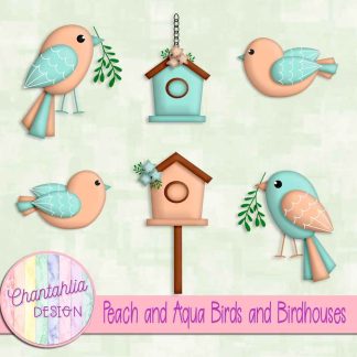 Free peach and aqua birds and birdhouses