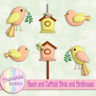 Free peach and daffodil birds and birdhouses