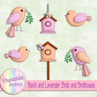 Free peach and lavender birds and birdhouses