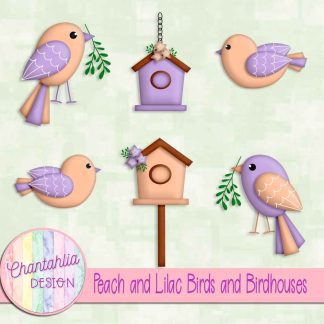 Free peach and lilac birds and birdhouses