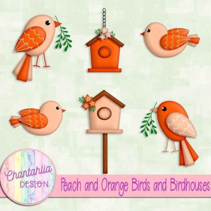 Free peach and orange birds and birdhouses