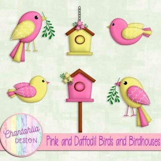 Free pink and daffodil birds and birdhouses