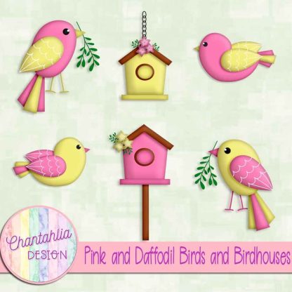 Free pink and daffodil birds and birdhouses