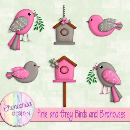 Free pink and grey birds and birdhouses
