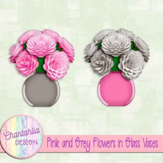 Free pink and grey flowers in glass vases