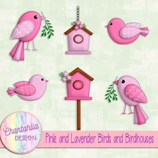Free pink and lavender birds and birdhouses