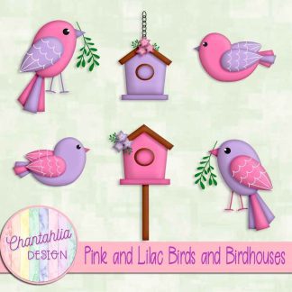 Free pink and lilac birds and birdhouses