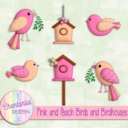 Free pink and peach birds and birdhouses