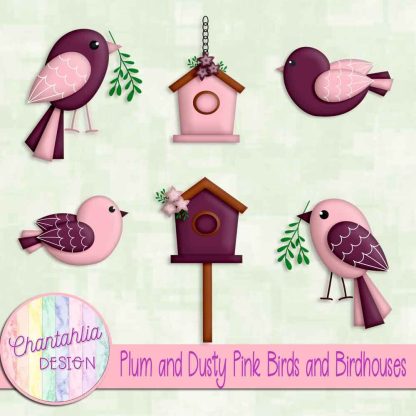 Free plum and dusty pink birds and birdhouses