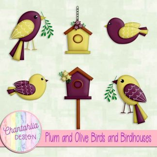 Free plum and olive birds and birdhouses