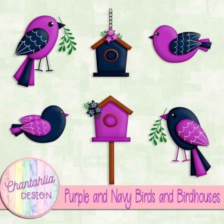 Free purple and navy birds and birdhouses