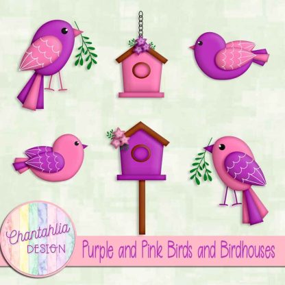 Free purple and pink birds and birdhouses