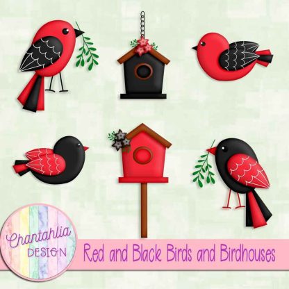 Free red and black birds and birdhouses