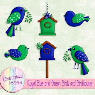 Free royal blue and green birds and birdhouses