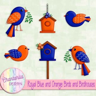 Free royal blue and orange birds and birdhouses