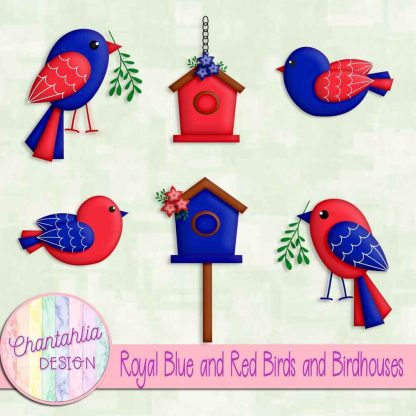 Free royal blue and red birds and birdhouses