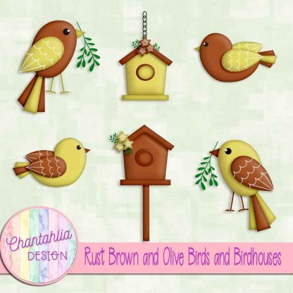 Free rust brown and olive birds and birdhouses