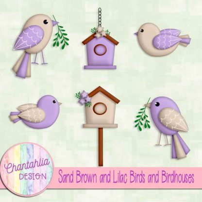 Free sand brown and lilac birds and birdhouses