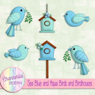 Free sea blue and aqua birds and birdhouses