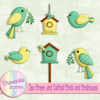 Free sea green and daffodil birds and birdhouses