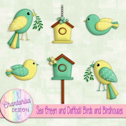 Free sea green and daffodil birds and birdhouses