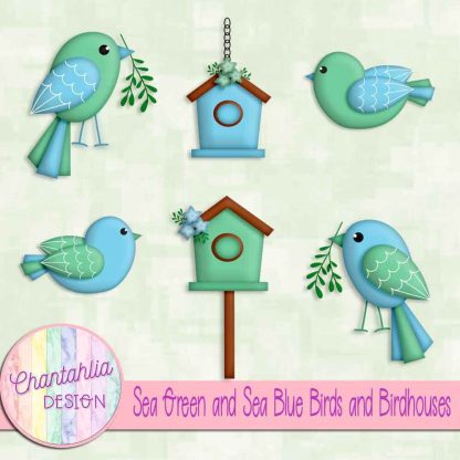 Free sea green and sea blue birds and birdhouses