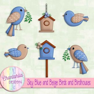 Free sky blue and beige birds and birdhouses