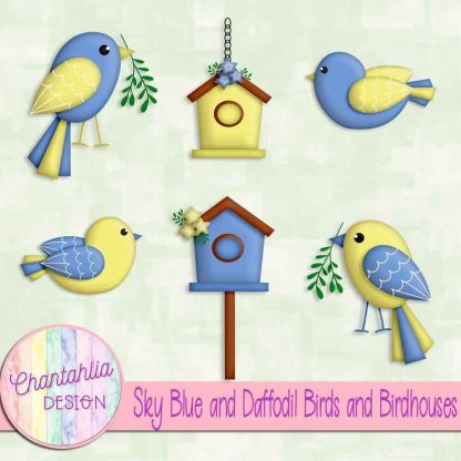 Free sky blue and daffodil birds and birdhouses