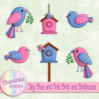 Free sky blue and pink birds and birdhouses
