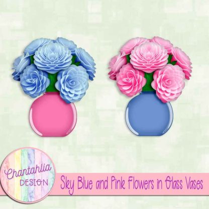 Free sky blue and pink flowers in glass vases