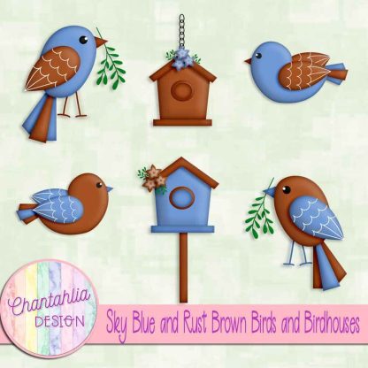 Free sky blue and rust brown birds and birdhouses