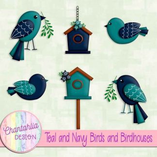 Free teal and navy birds and birdhouses