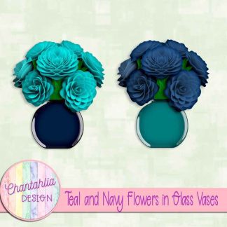 Free teal and navy flowers in glass vases