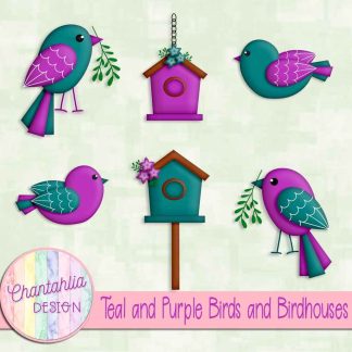Free teal and purple birds and birdhouses