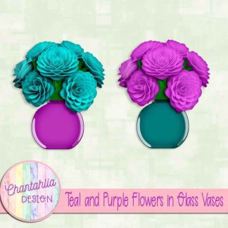 Free teal and purple flowers in glass vases