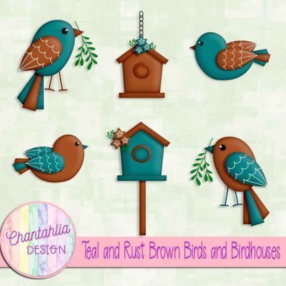 Free teal and rust brown birds and birdhouses