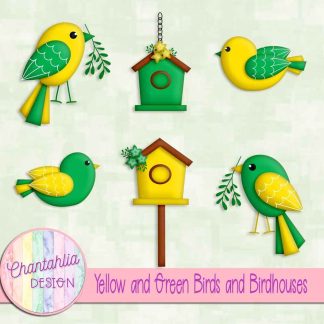 Free yellow and green birds and birdhouses