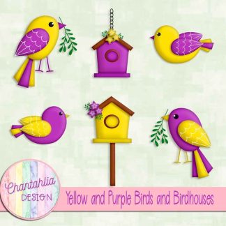 Free yellow and purple birds and birdhouses